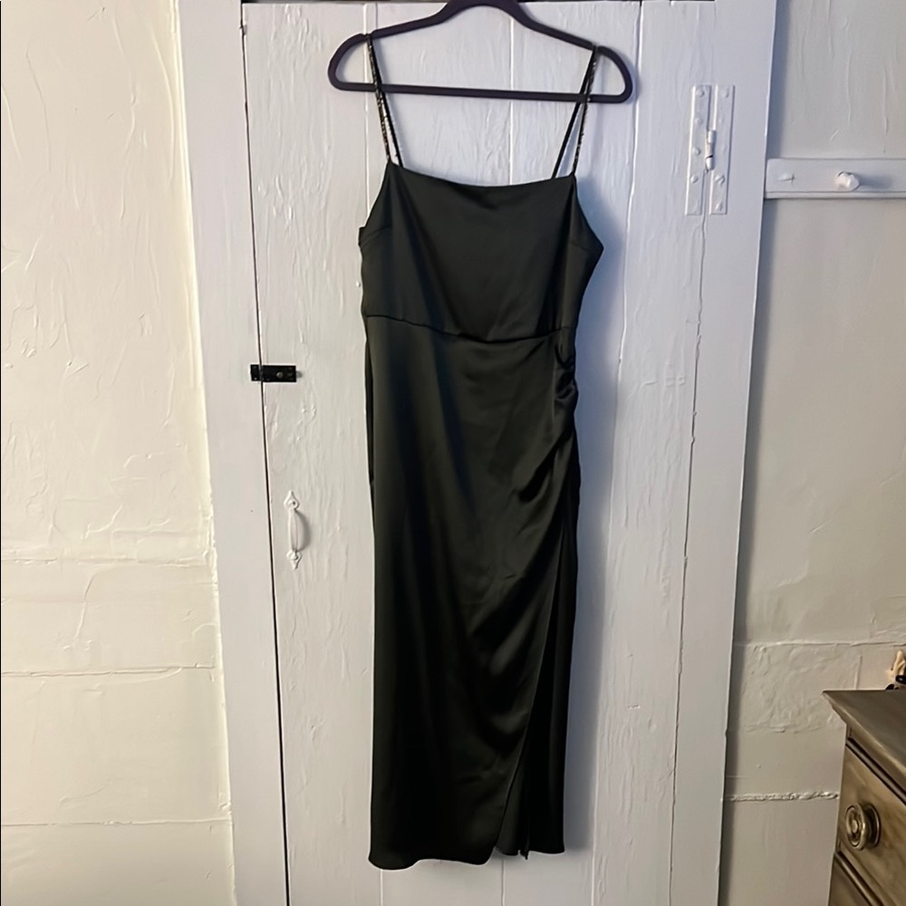 Zara Green Ruched Slip Dress Spaghetti Strap